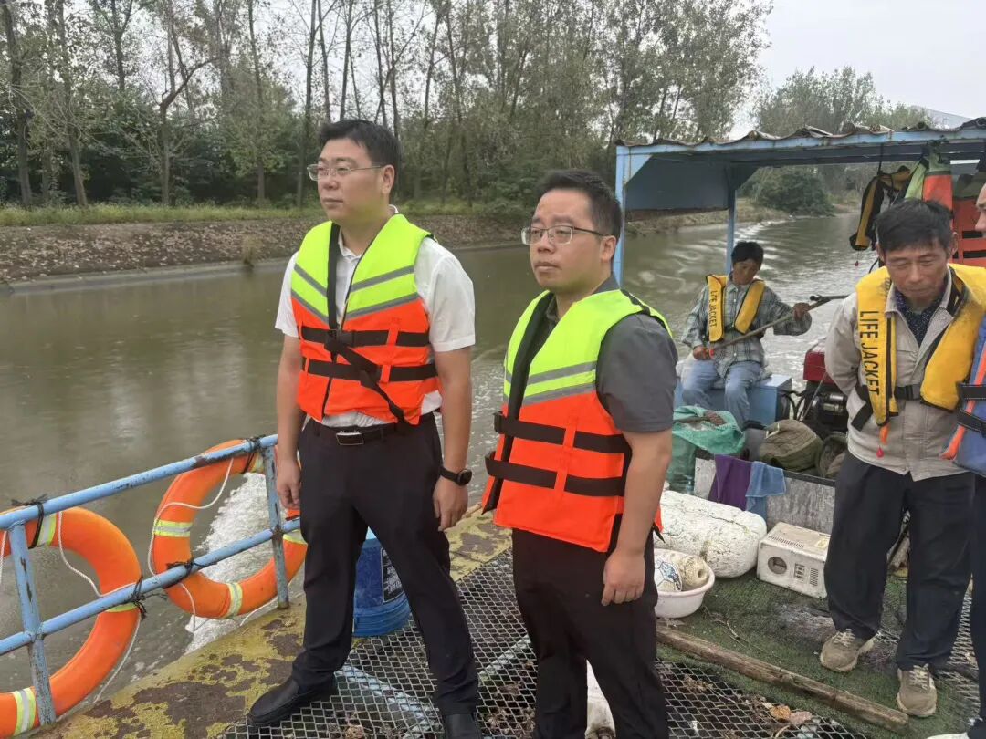 新河街道主要领导带队巡河察看通榆河沿线堤坝